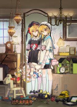1boy androgynous animal_bag animal_hat arm_warmers asymmetrical_hair asymmetrical_legwear black_choker black_shirt black_shoes blonde_hair blush bonnet bouquet bow box cabinet cardboard_box ceiling chandelier choker clock closed_mouth clutter crt curtains different_reflection ensemble_stars! facing_to_the_side flower footwear_bow frilled_sleeves frills full-length_mirror game_console hair_between_eyes handheld_game_console hat heart heart_choker highres holding holding_bouquet holding_stuffed_toy hood indoors inverted_colors lace_collar lamp lampshade long_shirt looking_at_viewer male_focus messy_room mirror mismatched_legwear nito_nazuna oversized_clothes patterned_clothing patterned_legwear pet_carrier petals picture_frame platform_shoes print_shirt rabbit_bag rabbit_ear_headwear rabbit_hat red_eyes red_flower red_rose reflection reflection_focus rose shirt shoes shorts socks solo stuffed_animal stuffed_rabbit stuffed_toy toy_car toy_horse toy_house toy_train wall_lamp wallpaper_(object) white_shirt window