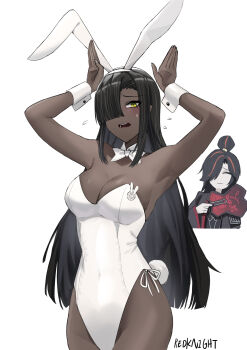 Rule 34 | 2girls, absurdres, afu (amzs8345), animal ear hairband, animal ears, black hair, bow, bowtie, breasts, cleavage, commentary request, cowboy shot, dark-skinned female, dark skin, detached collar, fake animal ears, hair over one eye, hairband, highres, leotard, limbus company, medium breasts, multiple girls, playboy bunny, project moon, rabbit ears, rabbit pose, rabbit tail, side-tie leotard, simple background, solo focus, strapless, strapless leotard, tail, white background, white bow, white bowtie, white leotard, wrist cuffs, yellow eyes, zigong (project moon), zilu (project moon)