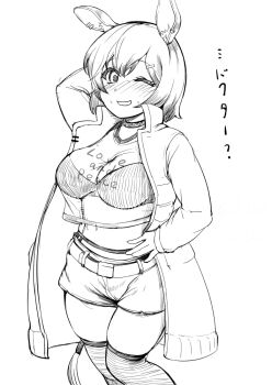 1girl animal_ears arknights arm_behind_head belt blush breasts catapult_(arknights) cleavage commentary_request cowboy_shot earclip greyscale hair_ornament hairclip horse_ears horse_girl horse_tail large_breasts looking_at_viewer midriff monochrome navel nose_blush one_eye_closed open_mouth sadahiro_(chicken_nugget_gyuuniku_aji) short_hair shorts simple_background sketch smile solo sports_bra tail thighhighs translation_request