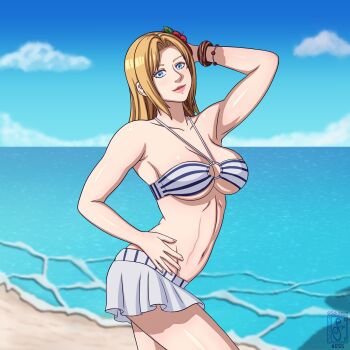 1girl abs absurdres toned_female beach bikini blonde_hair blue_eyes blue_sky breasts cleavage dead_or_alive dead_or_alive_2 dead_or_alive_3 dead_or_alive_4 dead_or_alive_5 dead_or_alive_6 dead_or_alive_xtreme dead_or_alive_xtreme_2 dead_or_alive_xtreme_3_fortune dead_or_alive_xtreme_beach_volleyball dead_or_alive_xtreme_venus_vacation highres large_breasts ocean sky sokloeum swimsuit tecmo tina_armstrong