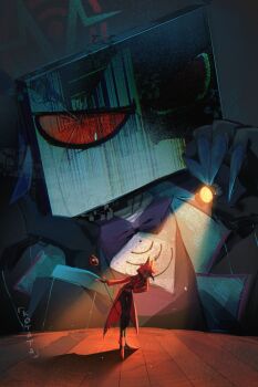 2boys alastor_(hazbin_hotel) black_hair black_pants black_vest bow bowtie claws coat colored_sclera colored_skin commentary demon_boy giant hazbin_hotel hellaverse highres holding holding_staff jacket kotata long_sleeves male_focus multicolored_hair multiple_boys open_clothes open_jacket pants red_coat red_eyes red_hair red_sclera sharp_teeth staff symbol-only_commentary teeth television two-tone_hair vest vox_(hazbin_hotel)