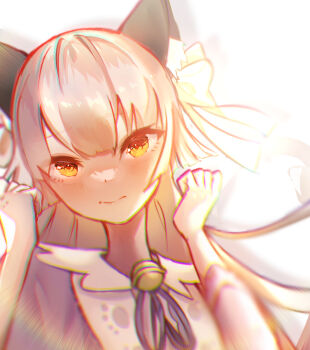 Rule 34 | 1girl, 3:, animal ear fluff, animal ears, backlighting, bell, bloom, blunt bangs, blunt ends, blush, bow, brown hair, cat ears, cat girl, cat tail, chromatic aberration, clenched hands, closed mouth, commentary request, eyelashes, frown, furrowed brow, hair bow, hair ribbon, hands up, heaven burns red, highres, hydroxy 122, jingle bell, lens flare, long hair, long sleeves, looking at viewer, neck bell, neck ribbon, official alternate costume, official alternate hairstyle, ogasahara hisame, ogasahara hisame (desire and reverence), pajamas, purple pajamas, purple ribbon, red pupils, ribbon, shy, sidelocks, simple background, solo, tail, upper body, white background, white bow, white ribbon, yellow eyes