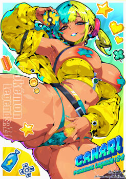 1girl absurdres areola_slip blonde_hair blush breasts cameltoe canari_(pokemon) clitoris colored_pubic_hair commentary covered_anus covered_clitoris covered_erect_nipples covered_pussy defaultz female_pubic_hair hair_ornament highres jacket large_breasts long_sleeves looking_at_viewer multicolored_hair navel nintendo open_clothes open_jacket open_mouth paid_reward_available panties partially_visible_vulva pokemon pokemon_legends:_z-a presenting presenting_pussy pubic_hair pussy skin_tight smile solo spread_legs spread_pussy spread_pussy_under_clothes spreading_own_pussy thighs through_clothes two-tone_hair underboob underwear
