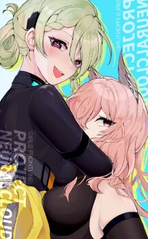 2girls animal_ear_fluff animal_ears black_bodysuit black_sweater blush bodysuit braid breasts commentary copyright_name de_lacey_(neural_cloud) elbow_gloves english_text girls'_frontline girls'_frontline_neural_cloud gloves green_hair hair_ornament hairclip harafrontline hug hug_from_behind long_hair long_sleeves looking_at_viewer medium_breasts mole mole_under_mouth multiple_girls open_mouth persicaria_(neural_cloud) pink_eyes pink_hair purple_eyes sideboob simple_background smile star-shaped_pupils star_(symbol) strapless sweater symbol-shaped_pupils upper_body yuri