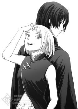 1boy 1girl back-to-back boruto:_naruto_next_generations breasts chara_no7 cloak commentary_request forehead_jewel greyscale hand_on_own_head haruno_sakura height_difference highres husband_and_wife medium_breasts monochrome naruto_(series) navel open_mouth smile twitter_username uchiha_sasuke watermark