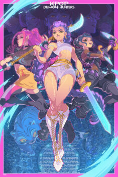 3girls 5boys abby_(kpop_demon_hunters) baby_(kpop_demon_hunters) bobby_(kpop_demon_hunters) body_markings boots crop_top crowd dagger demon_boy demon_girl derpy_(kpop_demon_hunters) dutch_braided_ponytail edwin_huang glowing glowing_eyes glowing_weapon high-waist_shorts high-waist_skirt holding holding_dagger holding_knife holding_polearm holding_sword holding_weapon jinu_(kpop_demon_hunters) knife kpop_demon_hunters lace-up_boots miniskirt mira_(kpop_demon_hunters) multiple_boys multiple_girls mystery_(kpop_demon_hunters) naginata polearm romance_(kpop_demon_hunters) rumi_(kpop_demon_hunters) short_shorts shorts skirt sussie_(kpop_demon_hunters) sword twintails weapon zoey_(kpop_demon_hunters)
