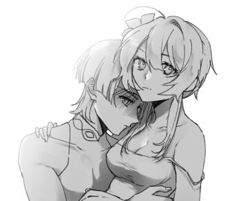 1boy 1girl ahoge bare_shoulders blunt_ends bodysuit breasts camisole cleavage closed_mouth collarbone commentary_request covered_collarbone expressionless eyelashes fingernails flower genshin_impact greyscale hair_between_eyes hair_flower hair_ornament hand_on_another's_shoulder head_on_another's_shoulder hetero korean_commentary looking_at_viewer lumine_(genshin_impact) mandarin_collar medium_breasts monochrome san_bgb scaramouche_(genshin_impact) short_hair short_hair_with_long_locks sidelocks sketch strap_slip tsurime wanderer_(genshin_impact) white_background