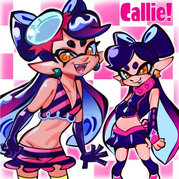 @_@ blue_hair bow callie_(splatoon) character_name earrings gloves grid_background hair_bow hat highres inkling invadrcat jewelry miniskirt mole mole_under_eye multicolored_hair nintendo no_navel pink_hair pink_theme pointy_ears scarf sharp_teeth skirt splatoon_(series) splatoon_1 squid teeth two-tone_hair white_hat yellow_eyes