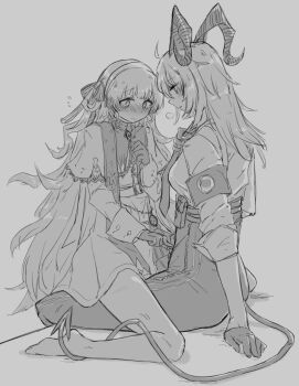 2girls aoi_(aoisaka) blush closed_mouth commentary demon_tail dress ear_blush gloves greyscale hair_ribbon high-waist_skirt highres horns long_hair long_sleeves looking_at_another monochrome multiple_girls parted_lips phoebe_(wuthering_waves) ribbon sitting sitting_on_lap sitting_on_person skirt sleeves_rolled_up straddling tail tail_around_another&#039;s_leg tail_wrap unzipped wuthering_waves yuri zani_(wuthering_waves)