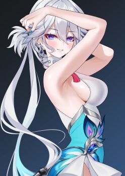 1girl absurdres armpits bare_shoulders blue_eyes breasts commentary_request dress earrings from_side grey_hair hair_between_eyes highres honkai:_star_rail honkai_(series) jewelry large_breasts long_hair looking_at_viewer matrix16 nail_polish sideboob sleeveless sleeveless_dress smile solo very_long_hair white_dress white_hair yao_guang_(honkai:_star_rail)