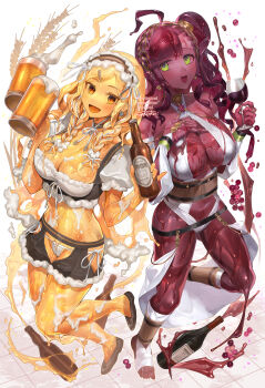 2girls absurdres ahoge alcohol beer beer_bottle beer_mug black_shoes blush bottle breasts colored_tongue criss-cross_halter cup drinking_glass earrings green_eyes halterneck hand_on_own_chest highres holding holding_bottle holding_cup jewelry large_breasts long_hair looking_at_viewer maid monster_girl mug multiple_girls navel open_mouth orange_eyes orange_hair orange_tongue original puffy_short_sleeves puffy_sleeves red_hair sakoku_(oyatsu3ji_) shoes short_sleeves slime_girl smile watermark wine wine_glass