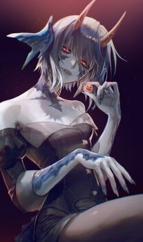 1girl absurdres au_ra bare_shoulders black_horns black_scales black_shirt black_skirt black_sleeves black_tail blue_hair blue_nails breasts candy chromatic_aberration cleavage colored_skin commentary detached_sleeves fake_horns fangs final_fantasy final_fantasy_xiv food glowing glowing_eyes grey_skin halloween_costume head_tilt highres holding holding_candy holding_food horns jack-o&#039;-lantern juliet_sleeves kurogorororo light_particles lips lizard_tail long_sleeves looking_at_viewer low_horns medium_breasts nail_polish pantyhose parted_lips puffy_sleeves red_eyes red_horns scales shirt short_hair skirt smile solo symbol-only_commentary tail warrior_of_light_(ff14)