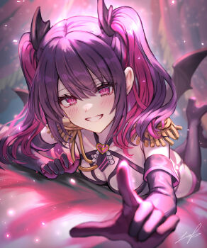 1girl 2.5_jigen_no_ririsa black_boots blurry blurry_background blush boots breasts commentary_request curtains depth_of_field elbow_gloves epaulettes fringe_trim gloves grin hair_between_eyes high_heel_boots high_heels highres leg_up looking_at_viewer lying medium_breasts miriella_(2.5_jigen_no_ririsa) multicolored_hair nogi_lief on_stomach pink_eyes pink_hair purple_gloves purple_hair signature smile solo thigh_boots twintails two-tone_hair