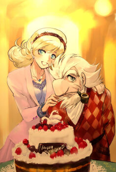 1girl aizawa_mila big_nose birthday_cake blonde_hair blue_eyes cake coat cyborg cyborg_009 earrings food francoise_arnoul hair_over_face hands_on_another&#039;s_shoulders happy_birthday isaac_gilmore jewelry long_hair pink_coat pink_lips pink_skirt purple_shirt shirt skirt smoking_pipe