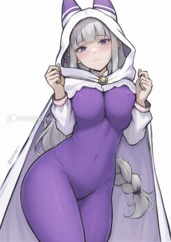 1girl absurdres animal_hood artist_name blue_pupils blunt_bangs blush bodysuit braid breasts breasts_squeezed_together chascoby cloak closed_mouth commentary covered_navel cowboy_shot elf emilia_(re:zero) grey_hair hair_ribbon highres hood hood_up hooded_cloak large_breasts long_hair long_sleeves looking_at_viewer patreon_logo patreon_username pointy_ears purple_bodysuit purple_eyes purple_ribbon re:zero_kara_hajimeru_isekai_seikatsu ribbon simple_background skin_tight solo standing very_long_hair watermark web_address white_background white_cloak