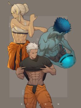 1girl 2boys abs ahoge alternate_hair_length alternate_hairstyle archer_(fate) black_male_underwear blonde_hair blue_eyes breasts cargo_pants character_name closed_eyes clothes_around_waist clothes_lift commentary cross-body_stretch cu_chulainn_(fate) dark-skinned_female dark-skinned_male dark_skin earrings english_commentary eyes_visible_through_hair fate/stay_night fate_(series) grey_sports_bra hair_bun hair_over_eyes highres holding jewelry male_underwear medium_breasts multiple_boys muscular muscular_male navel open_fly orange_pants original pants shirt_lift single_hair_bun sports_bra suhyeon sweatdrop sweater sweater_around_waist toned toned_female topless_male underwear white_hair