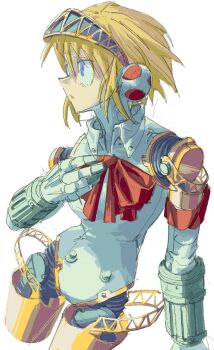 1girl aigis_(persona) android blonde_hair blue_eyes bow bowtie collared_shirt cowboy_shot cropped_legs gold_trim hair_between_eyes hand_on_own_chest joints mechanical_arms mechanical_ears parted_lips persona persona_3 pure_to_ma red_bow red_bowtie robot_joints s.e.e.s shirt short_hair solo white_background