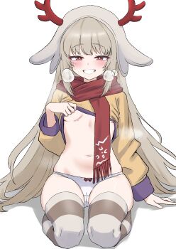 1girl absurdres animal_ears antlers breasts cameltoe check_copyright clothes_lift commentary_request commission copyright_request crotch_seam deer_ears fake_animal_ears fake_antlers grey_hair grin heavy_breathing highres horns lifting_own_clothes long_hair looking_at_viewer navel oldsickkim original panties red_eyes red_scarf reindeer_antlers scarf seiza shirt shirt_lift simple_background sitting skindentation small_breasts smile solo stomach sweat thighhighs underwear very_long_hair white_background white_panties white_thighhighs yellow_shirt