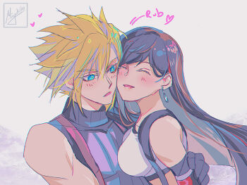 1boy 1girl bare_shoulders black_gloves black_hair blonde_hair blue_eyes blue_sweater blush breasts cheek-to-cheek closed_eyes cloud_strife commentary couple crop_top earrings english_commentary final_fantasy final_fantasy_vii final_fantasy_vii_remake gloves grey_background hair_between_eyes hand_on_another&#039;s_back heads_together heart hetero jewelry large_breasts leaning_on_person long_hair looking_at_another miyukiko parted_lips ribbed_sweater rubbing short_hair signature simple_background single_earring sleeveless sleeveless_turtleneck spiked_hair suspenders sweater swept_bangs tank_top tifa_lockhart turtleneck turtleneck_sweater upper_body white_tank_top