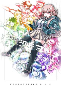 6+boys 6+girls :d :o absurdres apron backpack bag bandaged_arm bandages black_shirt black_thighhighs blonde_hair blush_stickers bow braid breasts brown_hair brown_skirt chef_hat cleavage clenched_teeth collared_shirt danganronpa_(series) danganronpa_2:_goodbye_despair dress english_text facial_hair gitaroomain goatee green_jacket hair_bow hair_horns hair_ornament hanamura_teruteru hat highres hinata_hajime holding holding_mask jacket japanese_clothes kimono koizumi_mahiru komaeda_nagito kuzuryu_fuyuhiko large_breasts long_hair mask medium_hair messy_hair miniskirt mioda_ibuki multiple_boys multiple_girls nanami_chiaki neck_ribbon nidai_nekomaru open_clothes open_jacket open_mouth owari_akane pekoyama_peko pink_bag pink_eyes pink_ribbon pink_shirt pink_shoes pleated_skirt ribbon saionji_hiyoko scarf shirt shirt_tucked_in shoes short_hair skirt smile soda_kazuichi sonia_nevermind sweat tanaka_gundham teeth thighhighs togami_byakuya_(danganronpa_2) tongue tsumiki_mikan two-tone_shirt upper_teeth_only white_apron white_shirt zettai_ryouiki