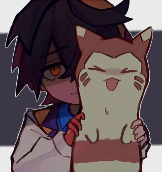 &gt;_&lt; 1boy :d black_hair blueberry_academy_school_uniform brown_fur closed_eyes colored_inner_hair crossed_bangs furret furrowed_brow gen_2_pokemon gloves hairband heart holding holding_pokemon ikogo9 jacket long_sleeves looking_at_viewer male_focus multicolored_hair nervous nintendo open_mouth pokemon pokemon_(creature) pokemon_sv purple_hair red_gloves school_uniform shaded_face short_hair single_glove smile sparkle white_background xd yellow_eyes yellow_hairband