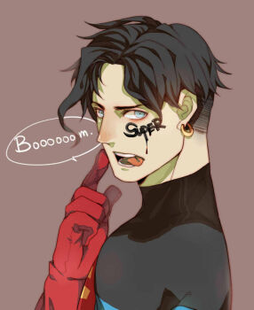 1boy animification black_hair blue_eyes dc_comics highres kon-el male_focus owlkkk simple_background solo speech_bubble superboy young_justice