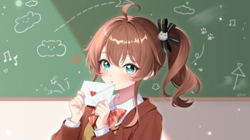 1girl ahoge black_ribbon blazer bow bowtie brown_hair brown_jacket cat_hair_ornament chalkboard collared_shirt commentary double-parted_bangs english_commentary envelope felixkohai green_eyes hair_between_eyes hair_ornament hair_ribbon hands_up heart heart_in_eye highres holding holding_envelope hololive indoors jacket looking_at_viewer matsurisu medium_hair natsuiro_matsuri open_mouth orange_bow orange_bowtie ribbon shirt side_ponytail sidelocks solo sweater symbol_in_eye upper_body v-neck virtual_youtuber white_shirt yellow_sweater