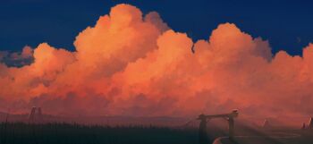 absurdres blue_sky cloud cloudy_sky commentary_request evening grass highres iriza_katou no_humans orange_clouds original outdoors path road scenery sky