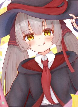 Rule 34 | 1girl, :q, alternate costume, black gloves, black hat, black ribbon, black robe, blunt bangs, blunt ends, blush, brown hair, closed mouth, collared shirt, commentary, eyes visible through hair, fingerless gloves, frapan pan, gloves, hair ribbon, hand up, hat, heaven burns red, highres, long hair, looking at viewer, necktie, ogasawara hisame, red necktie, red pupils, red ribbon, ribbon, robe, shirt, sidelocks, simple background, smile, solo, split mouth, tongue, tongue out, twintails, two-tone background, upper body, very long hair, white background, white shirt, witch, witch hat, yellow background, yellow eyes