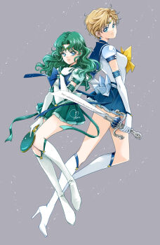 1girl aqua_choker aqua_hair aqua_sailor_collar aqua_skirt bishoujo_senshi_sailor_moon bishoujo_senshi_sailor_moon_stars blonde_hair blue_bow blue_bowtie blue_choker blue_eyes blue_sailor_collar blue_skirt boots bow bowtie choker circlet deep_aqua_mirror earrings gloves high_heel_boots high_heels highres jewelry kaiou_michiru lips looking_at_viewer puffy_short_sleeves puffy_sleeves sailor_collar sailor_neptune sailor_senshi sailor_uranus sarashina_kau short_hair short_sleeves skirt smile solo space_sword super_sailor_neptune super_sailor_uranus ten&#039;ou_haruka very_short_hair white_gloves yellow_bow yellow_bowtie