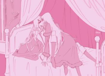 Rule 34 | 2girls, bed, boots, canopy bed, coat, commentary request, couple, curtains, emeraldas, eye contact, face-to-face, fur-trimmed coat, fur trim, ginga tetsudou 999, harlock saga, indoors, knee boots, kobeya (tonari no kobeya), long hair, looking at another, maetel, monochrome, multiple girls, off shoulder, on bed, pink theme, queen emeraldas, twitter username, uchuu kaizoku captain harlock, very long hair, yuri