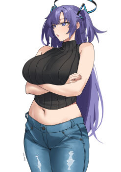 1girl absurdres arms_under_breasts black_halo black_sweater blue_archive blue_eyes blue_hair blue_pants breasts commentary crossed_arms denim english_commentary hair_ornament halo highres jeans large_breasts long_hair midriff navel open_mouth pants pinepin simple_background sleeveless sleeveless_sweater sleeveless_turtleneck solo stomach sweater torn_clothes torn_jeans torn_pants triangle_hair_ornament turtleneck turtleneck_sweater two_side_up white_background yuuka_(blue_archive)