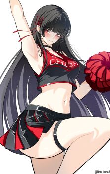 1girl absurdres alternate_costume arm_up armpits bare_shoulders black_choker black_hair black_shirt black_skirt blush breasts bright_pupils character_name cheerleader chisa_(wuthering_waves) choker closed_mouth clothes_writing collarbone commentary cowboy_shot crop_top den_kun69 embarrassed english_commentary hair_ribbon highres long_hair looking_at_viewer medium_breasts mole mole_under_eye navel pleated_skirt pom_pom_(cheerleading) red_eyes red_ribbon ribbon shirt skirt solo stomach thigh_strap thighs twitter_username very_long_hair white_pupils wuthering_waves