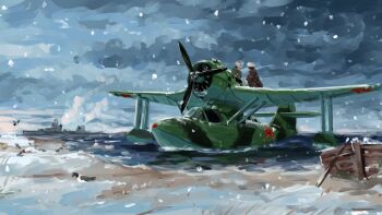 2others absurdres aircraft airplane beriev_be-4 boat cloud cloudy_sky flying_boat hat highres military_vehicle multiple_others ocean original propeller rokubotei_ayagiri seaplane ship sky snow soviet_navy ushanka vehicle_focus warship watercraft world_war_ii