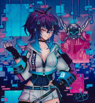 1girl ;) aqua_eyes aqua_hair aqua_nails archived_source bandaid bandaid_on_face bandaid_on_nose belt black_gloves breasts character_name cleavage closed_mouth clothes_writing collarbone commentary cowboy_shot english_commentary eyelashes fingerless_gloves fingernails gloves gradient_hair hair_intakes hair_ornament hairclip hand_on_own_hip highres hood hood_down hooded_jacket jacket leotard leotard_under_clothes long_sleeves melody_(projektmelody) melody_(projektmelody)_(4th_costume) multicolored_hair nail_polish non-humanoid_robot one_eye_closed pat_trasho ponytail purple_hair robot short_shorts shorts sidelocks signature smile t0m_(projektmelody) traditional_media virtual_youtuber vshojo white_jacket white_shorts