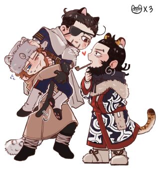 3boys animal_ears beard black_boots black_eyes black_gloves black_hair black_shoes blue_eyes blue_jacket blue_pants blush_stickers boots brown_coat brown_hair carrying carrying_person cat_ears cat_tail chinstrap_beard cloak coat commentary_request earrings facial_hair facial_scar from_side full_body fur-trimmed_headwear fur-trimmed_shoes fur_trim gloves goatee_stubble golden_kamuy hair_slicked_back hat highres jacket jewelry kiroranke leg_warmers leopard_ears leopard_tail long_hair looking_at_another loose_hair_strand ma9l4raa male_focus multiple_boys ogata_hyakunosuke one_eye_closed open_mouth orange_hair pants parted_lips scar scar_on_cheek scar_on_face shoes short_hair simple_background smoking_pipe snow_leopard_ears snow_leopard_tail solid_eyes standing stubble sweat tail vasily_(golden_kamuy) white_background white_cloak white_hat
