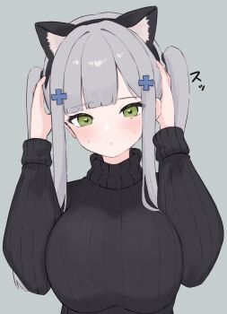 1girl alternate_costume alternate_hairstyle animal_ears black_sweater breasts casual cat_ears cross facepaint fake_animal_ears girls&#039;_frontline green_eyes hair_ornament hairclip hands_up heart heart_in_eye hiepita97 highres hk416_(girls&#039;_frontline) iron_cross large_breasts light_frown long_hair looking_at_viewer solo sweater symbol_in_eye teardrop twintails upper_body vertical-striped_sweater white_hair