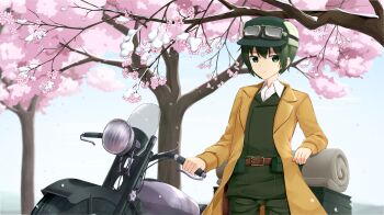 1girl androgynous aya_mizunami bedroll belt belt_buckle belt_pouch brown_belt brown_coat buckle cherry_blossoms coat commentary cowboy_shot dress_shirt expressionless fur_hat goggles goggles_on_headwear green_eyes green_hat green_jacket green_pants hair_between_eyes hand_on_handle hat hermes_(kino_no_tabi) highres jacket kino_(kino_no_tabi) kino_no_tabi long_sleeves looking_at_viewer motor_vehicle motorcycle pants pouch reverse_trap shirt short_hair solo standing suitcase thigh_gap tomboy tree trench_coat ushanka white_shirt