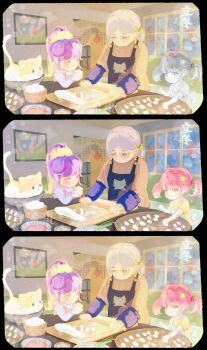 3girls aged_down animal_print apron batter black_apron black_border blue_apron blue_arm_warmers blue_shirt border bowl brown_eyes brown_sweater cat character_print child chinese_commentary chinese_text closed_mouth commentary_request cooking couch cutting_board earrings flower flower_earrings frilled_apron frilled_arm_warmers frills glasses grandmother_and_granddaughter grey_hair hair_bun hair_flower hair_ornament hair_tie happy high_ponytail highres indoors jewelry light_blush momo_(nikki) multiple_girls nikki_(nikki) nikki_(series) old old_woman painting_(object) pink_apron pink_hair ponytail print_apron purple_hair rolling_pin round_eyewear sample_watermark sequential shirt short_hair short_twintails siblings single_hair_bun sisters smile sweater translation_request twintails watermark window yanxizao00887 yellow-framed_eyewear yellow_flower yellow_shirt yoyo_(nikki)