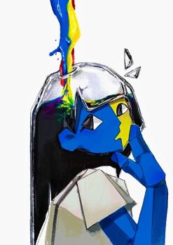 Rule 34 | black eyes, black hair, blue skin, blunt bangs, colored skin, cubism, ena (ena), ena (series), ena (species), ena (web series), floating head, ikitakawa, long hair, low poly, multicolored skin, sad ena, short sleeves, simple background, split-color skin, surreal, two-tone skin, yellow skin