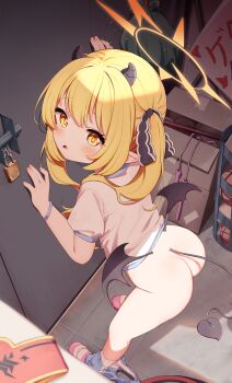 1girl against_door ass blonde_hair blue_archive blue_buruma bottomless buruma buruma_around_one_leg demon_girl demon_horns demon_tail demon_wings door from_behind gym_storeroom gym_uniform halo highres horns ibuki_(blue_archive) indoors leaning_forward lock loli long_hair looking_back low_wings padlock panties panties_around_leg pink_shoes pink_socks pointy_ears presenting ribbon setmen shirt shoes short_sleeves side_ponytail socks solo tail thighs underwear white_panties white_shirt wings yellow_eyes yellow_halo