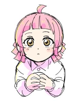 1girl aged_down ball blunt_bangs brown_eyes collared_shirt commentary_request holding holding_ball kishimen_hair long_sleeves love_live! love_live!_nijigasaki_high_school_idol_club love_live!_nijigasaki_high_school_idol_club_the_movie_-_finale medium_hair parted_lips pink_hair shirt short_bangs simple_background solllolll solo tennoji_rina white_background white_shirt wide-eyed