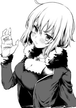 1girl absurdres blouse blush breasts cleavage fate/grand_order fate_(series) greyscale hand_up highres jacket jeanne_d'arc_alter_(avenger)_(fate) jeanne_d'arc_alter_(fate) jeanne_d'arc_alter_(ver._shinjuku_1999)_(fate) koba large_breasts looking_at_viewer monochrome shirt simple_background solo upper_body white_background