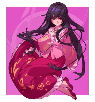 1girl black_hair border bow brown_eyes closed_mouth color_wheel_challenge dress floral_print floral_print_skirt footwear_bow frilled_dress frilled_sleeves frills hand_on_own_chest highres houraisan_kaguya long_hair long_skirt looking_at_viewer multiple_drawing_challenge pink_background pink_shirt pink_theme print_skirt red_footwear shirt skirt soemy touhou very_long_hair white_border wide_sleeves