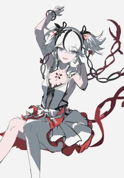 Rule 34 | 1girl, absurdres, arm up, black flower, blake bloom (wuthering waves), breasts, camellya (wuthering waves), chinese commentary, collarbone, commentary request, dress, earrings, flower, gold earrings, grey background, hair between eyes, hair flower, hair ornament, hair vines, highres, jewelry, looking at viewer, medium breasts, open mouth, pantyhose, red pupils, short hair, simple background, single leg pantyhose, smile, solo, tacet mark (wuthering waves), white dress, white pantyhose, wuthering waves, zhongyuanqing