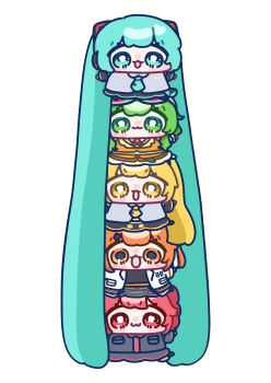 5girls absurdly_long_hair absurdres adachi_rei akita_neru aqua_eyes aqua_hair aqua_necktie belt black_shirt black_sleeves blonde_hair blue_eyes blue_hair commentary detached_sleeves drill_hair english_commentary goggles goggles_on_head green_eyes green_hair grey_shirt gumi hatsune_miku headphones headset highres human_tower jacket kasane_teto kasane_teto_(utau) long_hair long_sleeves medium_hair multiple_girls necktie open_clothes open_jacket orange_belt orange_eyes orange_hair red-tinted_eyewear red_eyes red_goggles red_hair shirt short_hair side_ponytail sleeveless sleeveless_shirt stacking tinted_eyewear triple_baka_(vocaloid) twin_drills twintails utau very_long_hair vocaloid white_jacket yananang yellow_eyes yellow_necktie