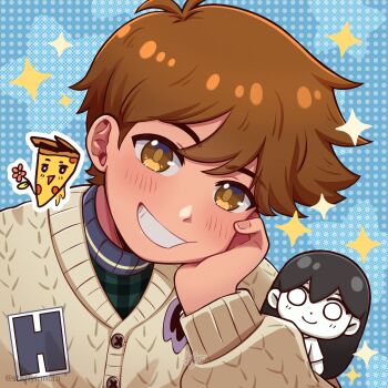 1boy alternate_eye_color antenna_hair artist_name blush brown_eyes brown_hair cardigan dark-skinned_male dark_skin grin hair_between_eyes hero_(birthday)_(omori) hero_(faraway)_(omori) hero_(omori) highres long_sleeves looking_at_viewer male_focus mari_(omori) mari_(spirit)_(omori) official_alternate_costume omori open_mouth short_hair smile solo something_(omori) starlyfnnctn sweater teeth turtleneck turtleneck_sweater twitter_username upper_body white_cardigan