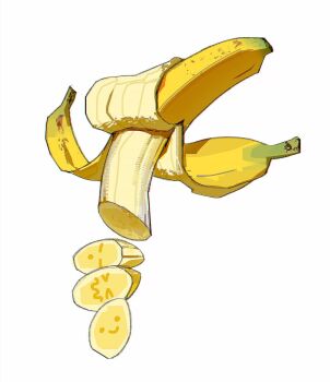 >_< banana commentary english_commentary food fruit fruit_focus highres no_humans original ramon_nunez simple_background sliced_fruit smile white_background