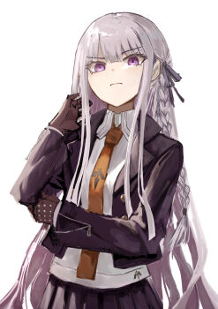 1girl absurdres black_gloves black_jacket black_ribbon black_skirt blunt_bangs braid buttons closed_mouth cokei collared_shirt commentary_request cowboy_shot danganronpa:_trigger_happy_havoc danganronpa_(series) frown gloves grey_hair hair_ribbon hand_up highres jacket kirigiri_kyoko leather leather_jacket long_hair long_sidelocks looking_at_viewer necktie open_clothes open_jacket pleated_skirt purple_eyes red_necktie ribbon shirt sidelocks simple_background single_braid skirt sleeve_zipper solo square-end_necktie standing studded_gloves very_long_hair white_background white_shirt zipper_pull_tab