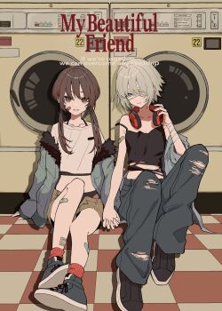 2girls absurdres ahoge ankle_socks bandaged_arm bandages bandaid bandaid_on_face bandaid_on_leg black_panties black_pants black_shirt black_shoes brown_eyes brown_hair brown_shorts clothes_dryer coat commentary_request crop_top cropped_shirt english_text eyepatch full_body fur-trimmed_coat fur_trim grey_coat grey_hair hair_between_eyes hair_over_shoulder haruwo highres holding_hands low_twintails medium_hair midriff multiple_girls off_shoulder on_floor open_clothes open_coat original panties pants red_socks shirt shoes short_shorts shorts sidelocks sitting smile socks spaghetti_strap strap_slip tiles torn_clothes torn_pants twintails underwear unzipped white_shirt yuri